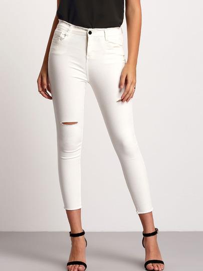 Pantaloni Aderente Strappato In Denim Bianco