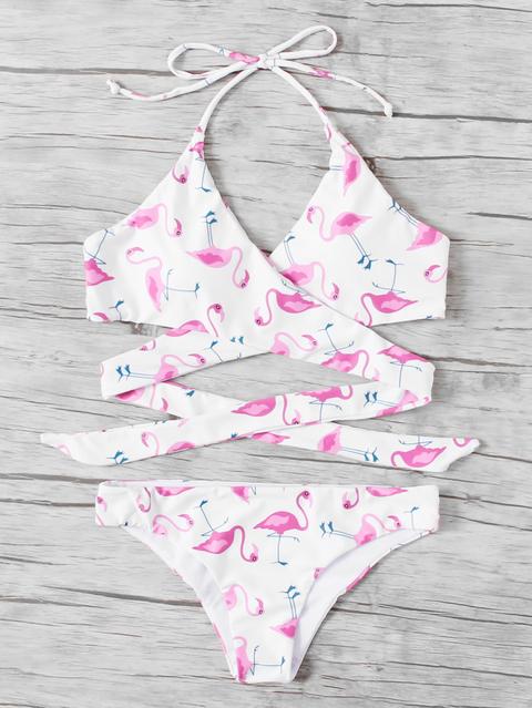 Flamingo Print Wrap Halter Bikini Set