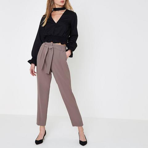 Dark Grey Tie Waist Tapered Trousers