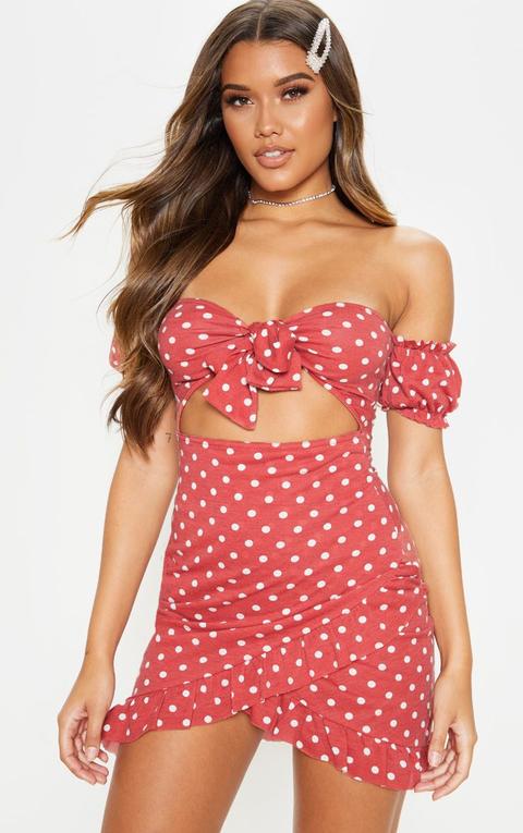 Terracotta Polka Dot Tie Front Wrap Bardot Bodycon Dress