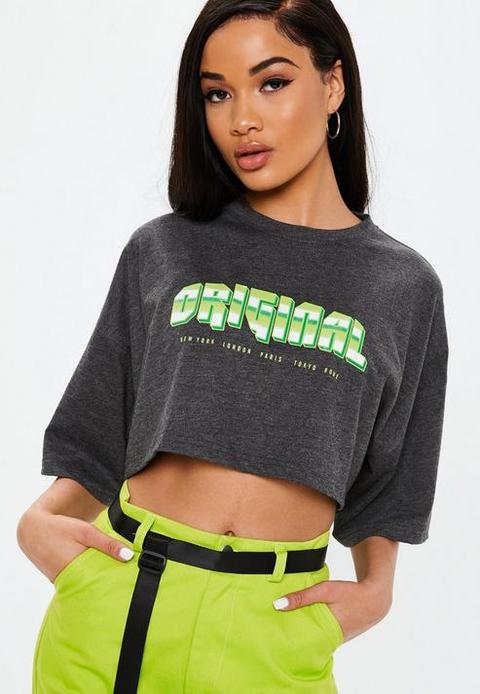 Petite Grey Neon Slogan Crop Tee, Grey