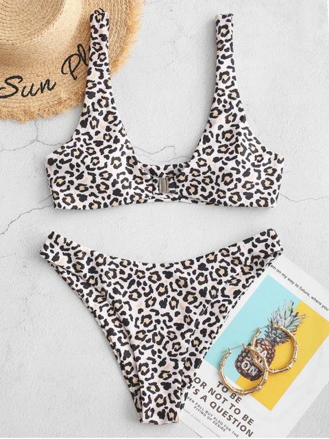 Bañador De Leopardo Con Cierre Frontal Zaful White Leopard