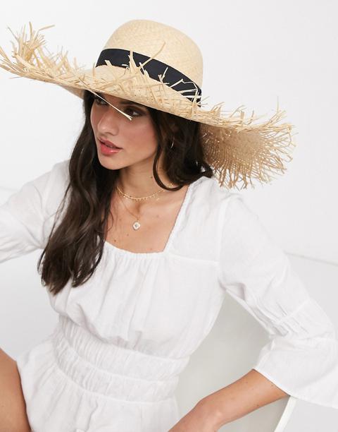 Asos Design Oversized Floppy Natural Straw Hat With Raw Edge-brown