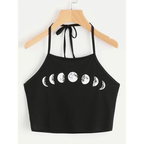 Fasi Lunari Del Collo Di Halter Print Cami Top