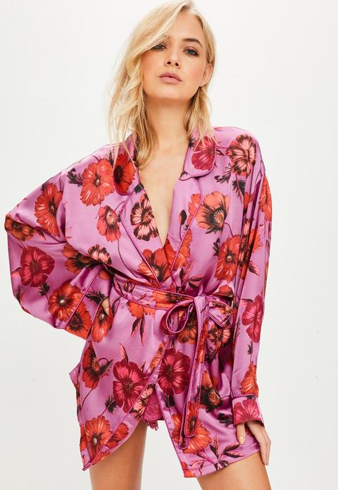 Pink Floral Satin Print Robe, Purple