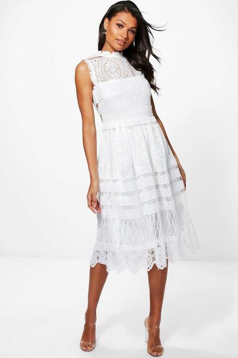 Womens Boutique Lace Midi Skater Dress - White - 10, White