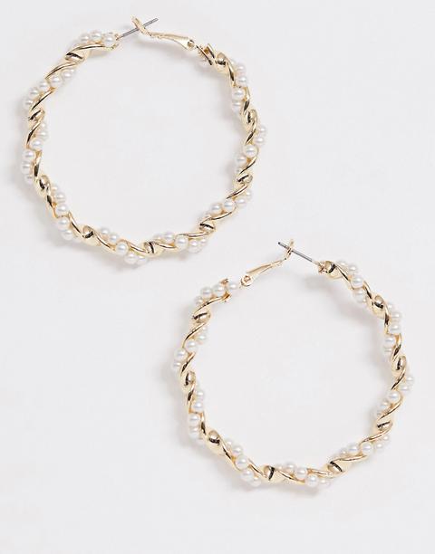 Asos Design Hoop Earrings In Twist Design With Pearls In Gold Tone