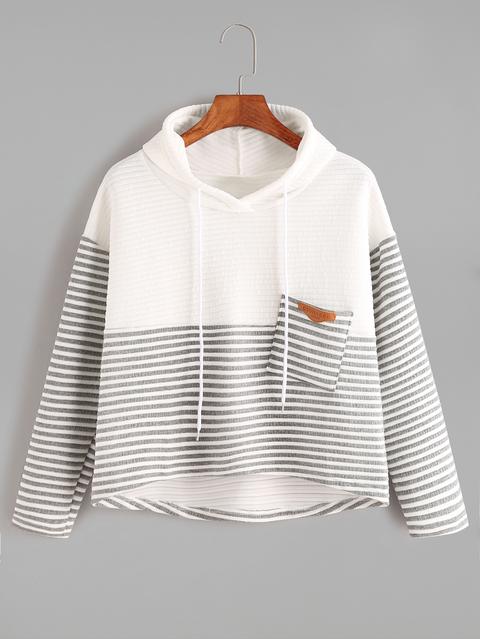 Contrast Striped High Low Drawstring Hooded Pocket Sweatshirt