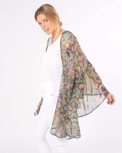 Kimono Vaporoso Manga Vuelo Estampado Patchwork Verde Militar