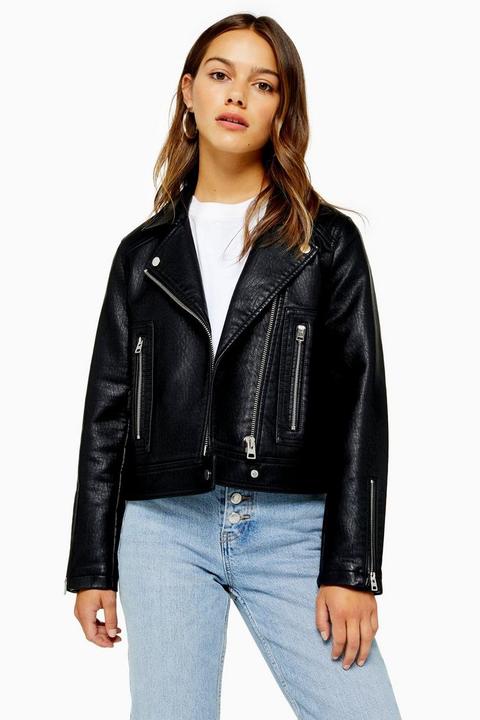 Petite Black Faux Leather Biker Jacket