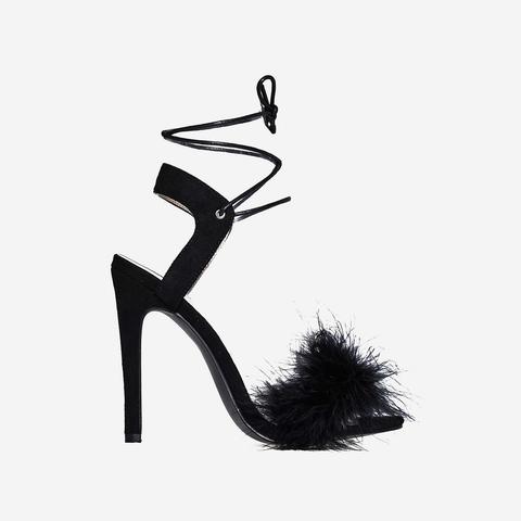 Savanna Lace Up Fluffy Heel In Black Faux Suede, Black