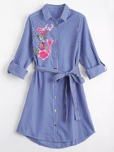 Vestito Da Camicia A Righe Ricamato Floreale A Righe