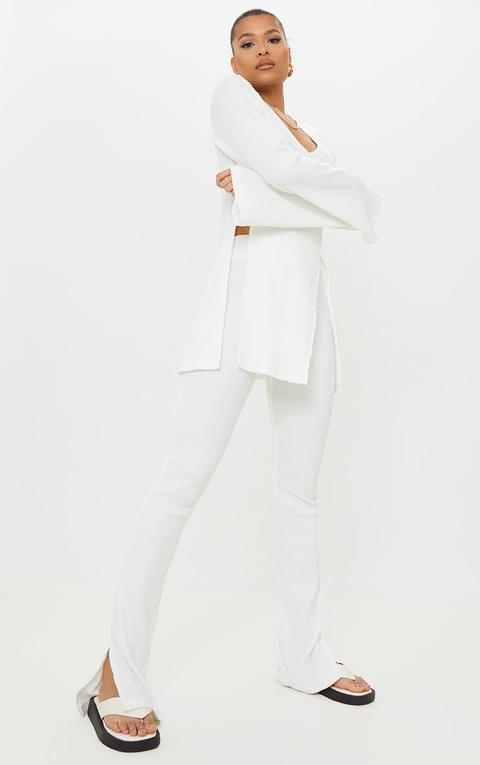 Cream Soft Rib Split Front Hem Skinny Flared Trousers