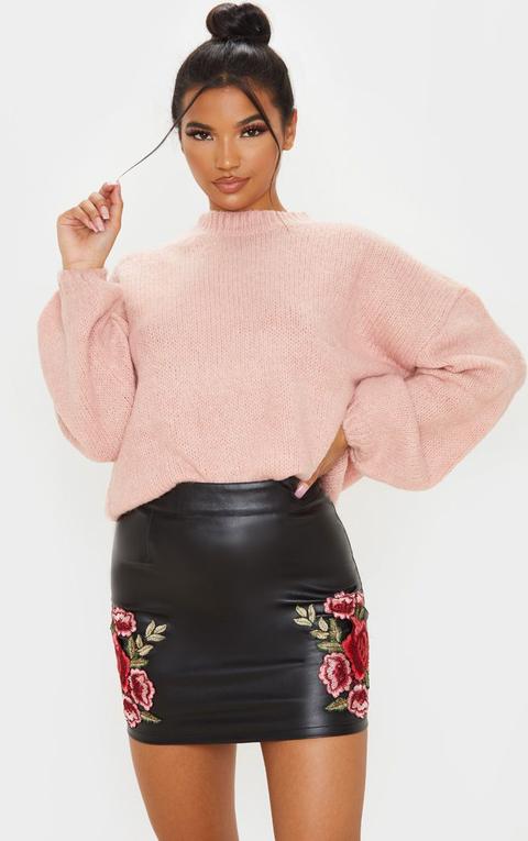 Black Faux Leather Embroidered Rose Mini Skirt