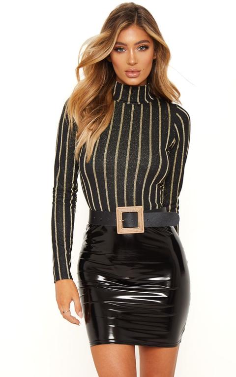 Black High Neck Stripe Glitter Bodysuit