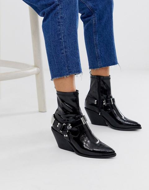 Asos Design Ritchie Western Harness Sock Boots In Black Patent