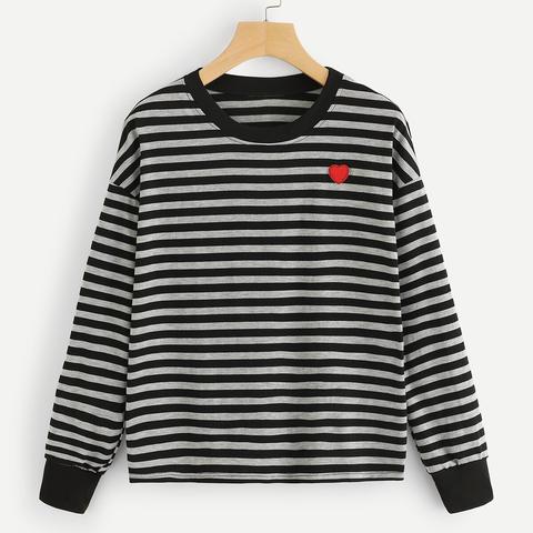 Heart Embroidered Striped Tee