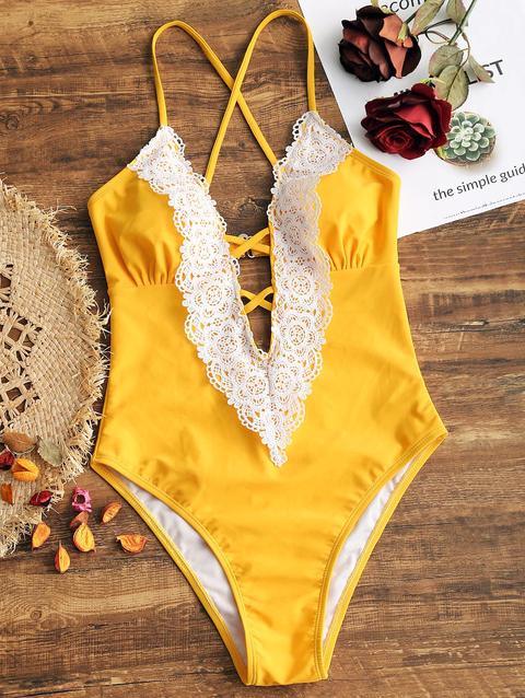 Costume Da Bagno Con Pannello All'uncinetto In Pizzo Frontale Cadetblue Chestnut Yellow