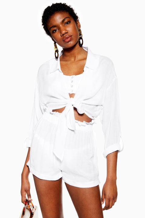 Womens White Tie Knot Beach Shirt - White, White