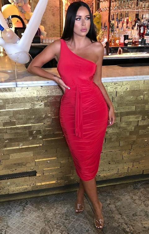 Red One Shoulder Slinky Midi Dress - Dylan