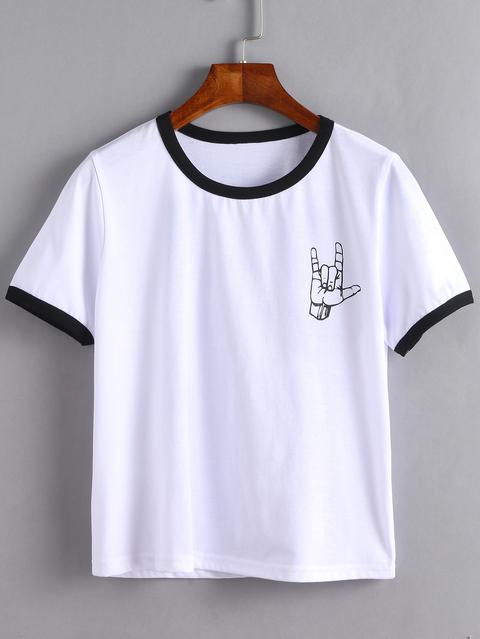 Camiseta Estampado Gesto De Amor Ribete En Contraste - Blanco