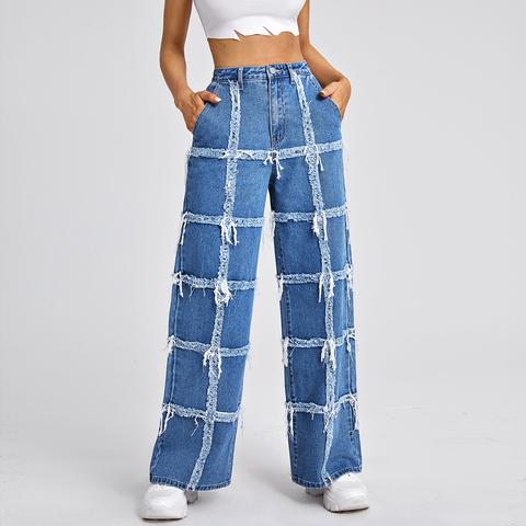 High Waist Raw Trim Wide Leg Jeans