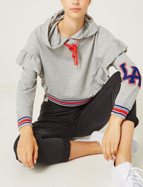 Grey Marl Cropped Hoodie With Frill Detail