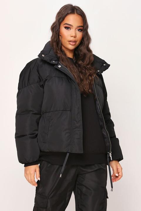 Black Funnel Neck Puffer Coat