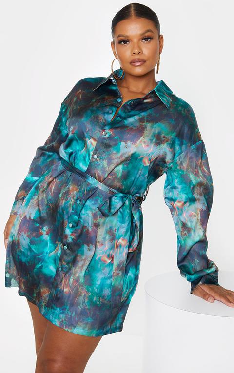 Plus Green Flame Tie Dye Printed Tie Waist Shirt Dress