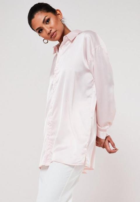 Tall Powder Pink Extreme Oversized Satin Shirt, Pink