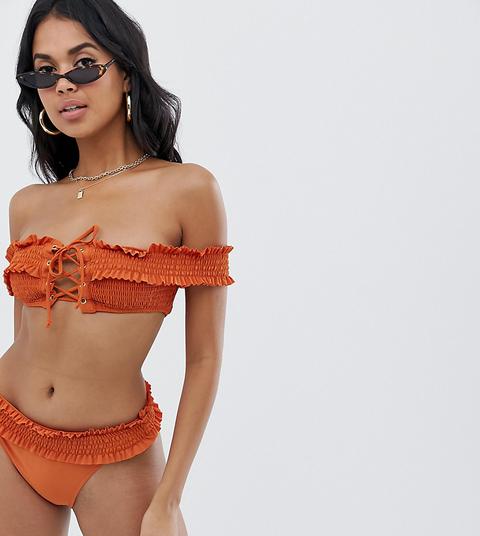 Boohoo - Top Bikini Arricciato Arancione Con Scollo Alla Bardot - Arancione