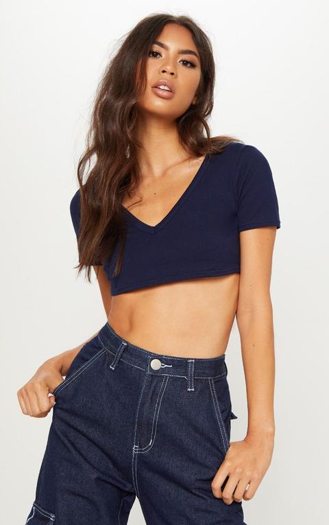 Crop Top Manches Courtes Basique Bleu Marine À Col En V, Bleu Marine