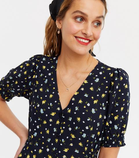 Navy Ditsy Floral Puff Sleeve Tea Dress New Look