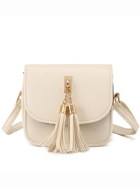 Beige Tassel Embellished Flap Bag