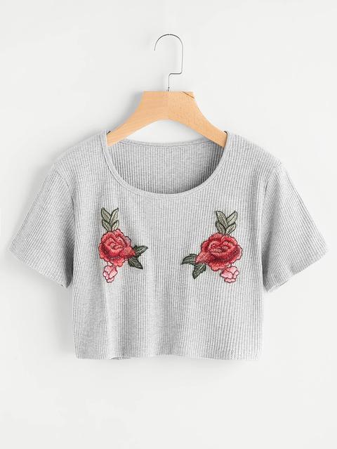 Rose Embroidered Applique Ribbed Crop Tee