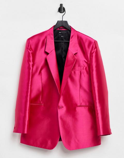 Asos Design Slim Longline Blazer In Pink Satin