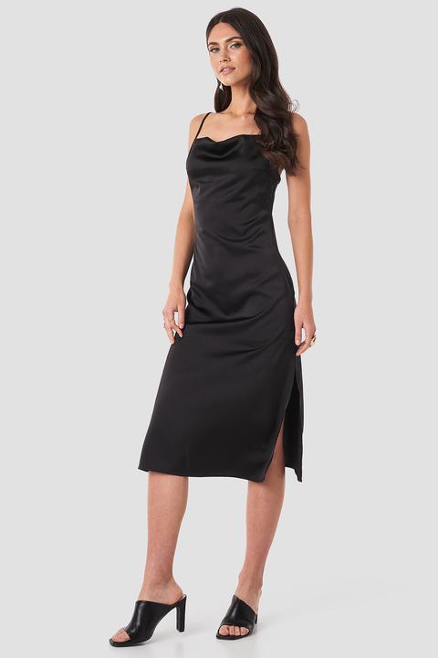 black satin midi slip dress