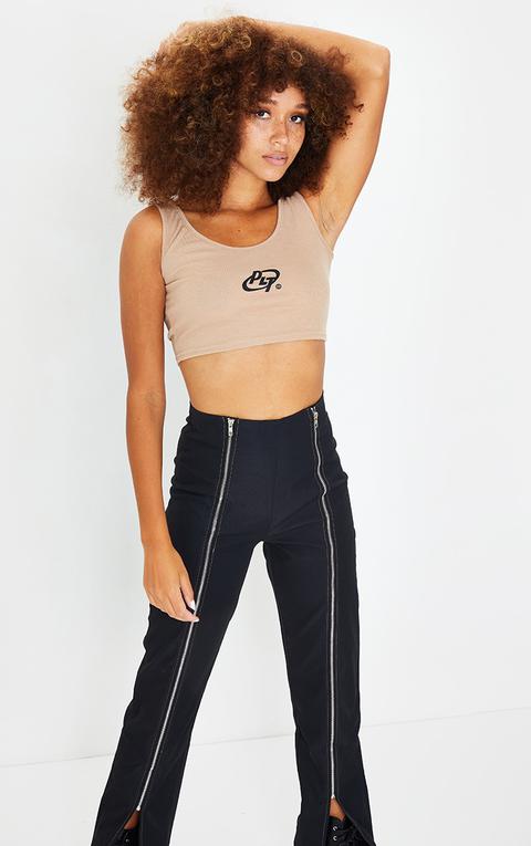 Prettylittlething Sand Circle Logo Rib Crop Top