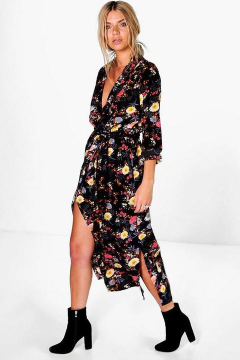 Robe Chemise Maxi Imprimé À Fleurs - Noir - 38, Noir