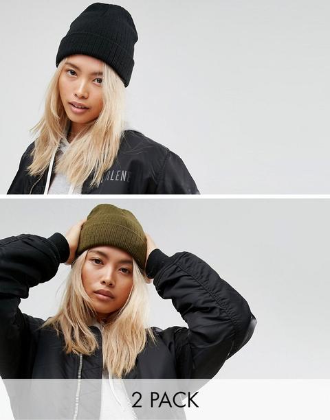 Asos 2 Pack Beanie In Black And Khaki - Multi