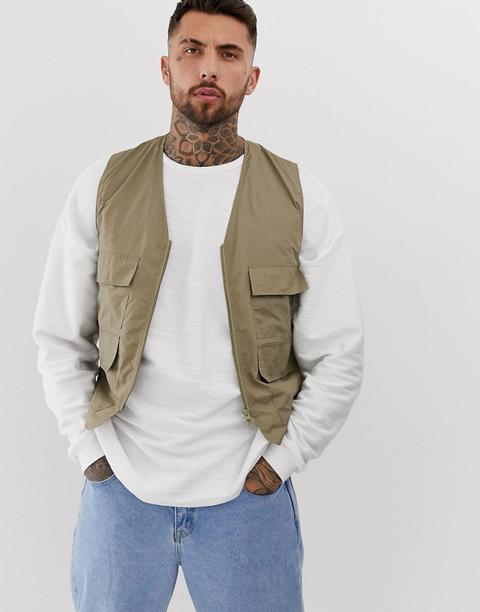 Asos Design Utility Gilet In Khaki-green