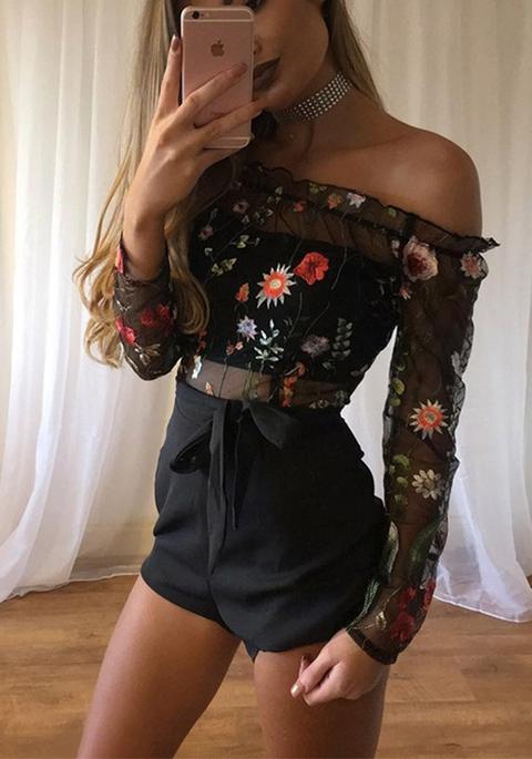 Pantaloni Corti Ricamato Floreale Con Ginadine Ricamato A Cerniera 2 In 1 Nero