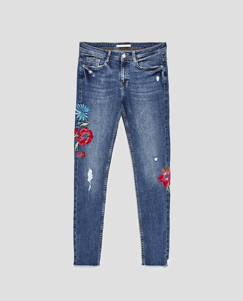 Low-rise Jeans With Floral Embroidery 