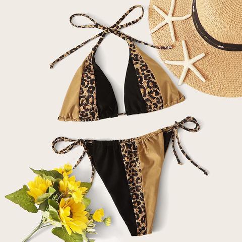 Leopard Halter Triangle Tie Side Bikini Swimsuit