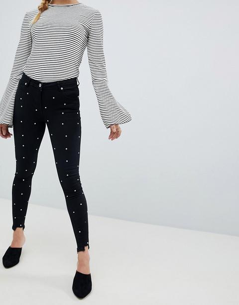 Parisian - Jeans Skinny Con Strass E Bordi Grezzi - Nero