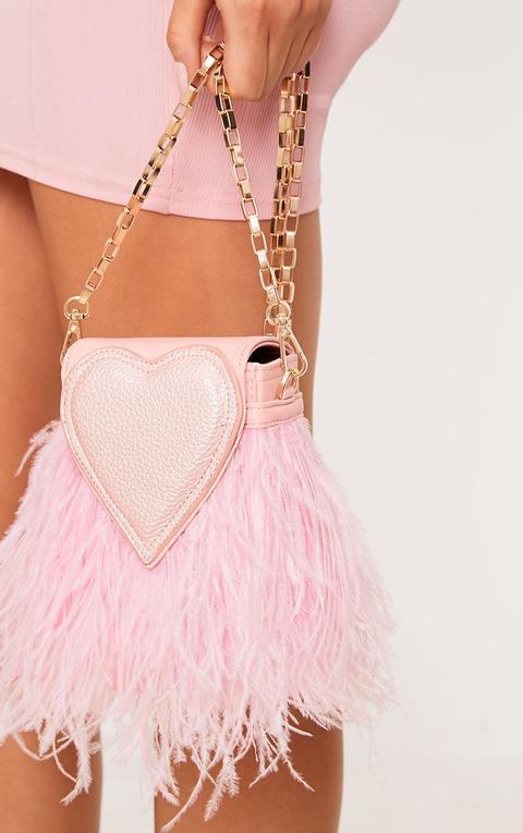 Pink Feather Trim Heart Bag