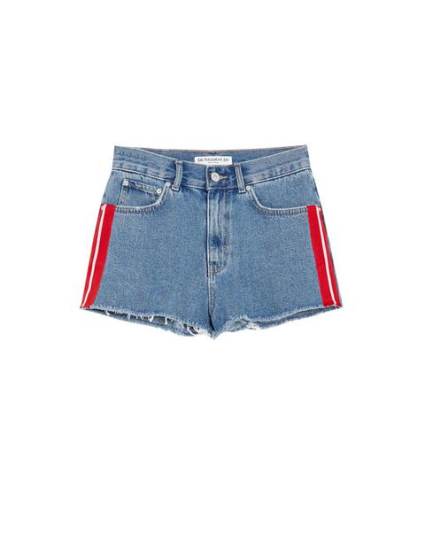 Shorts Denim Mom Fit Con Striscia Laterale