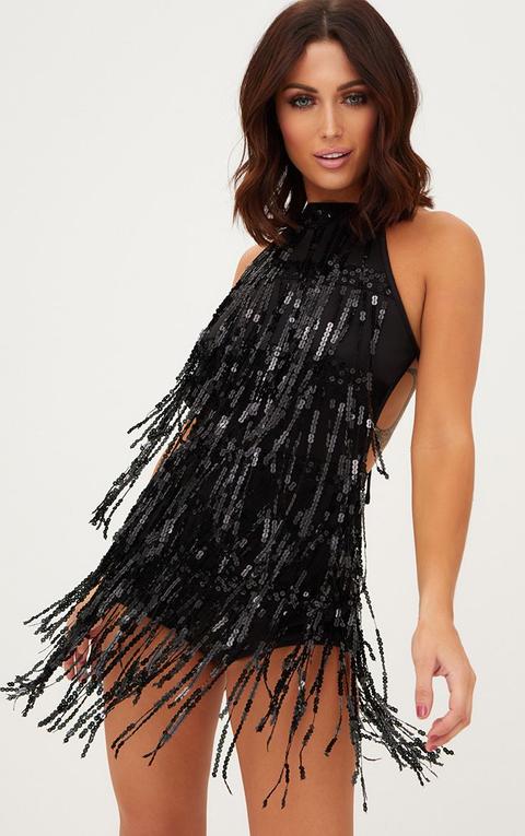 Black Sequin Tassel Playsuit