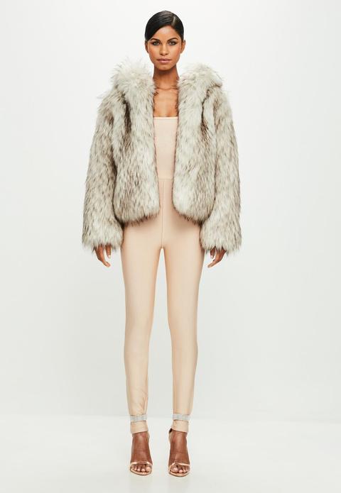 Cream Cropped Faux Fur Hooded Coat, Nude