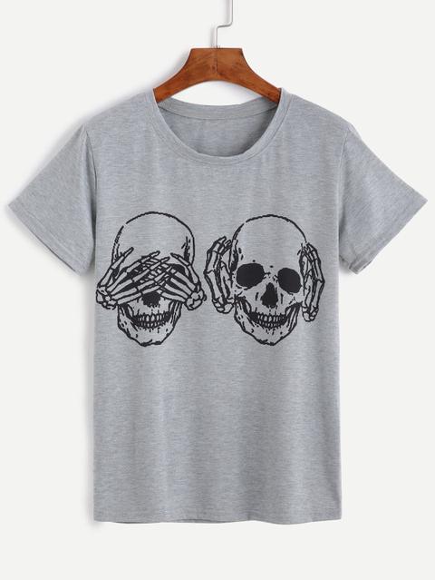 T-shirt Stampa Cranio Maniche Corte - Grigio